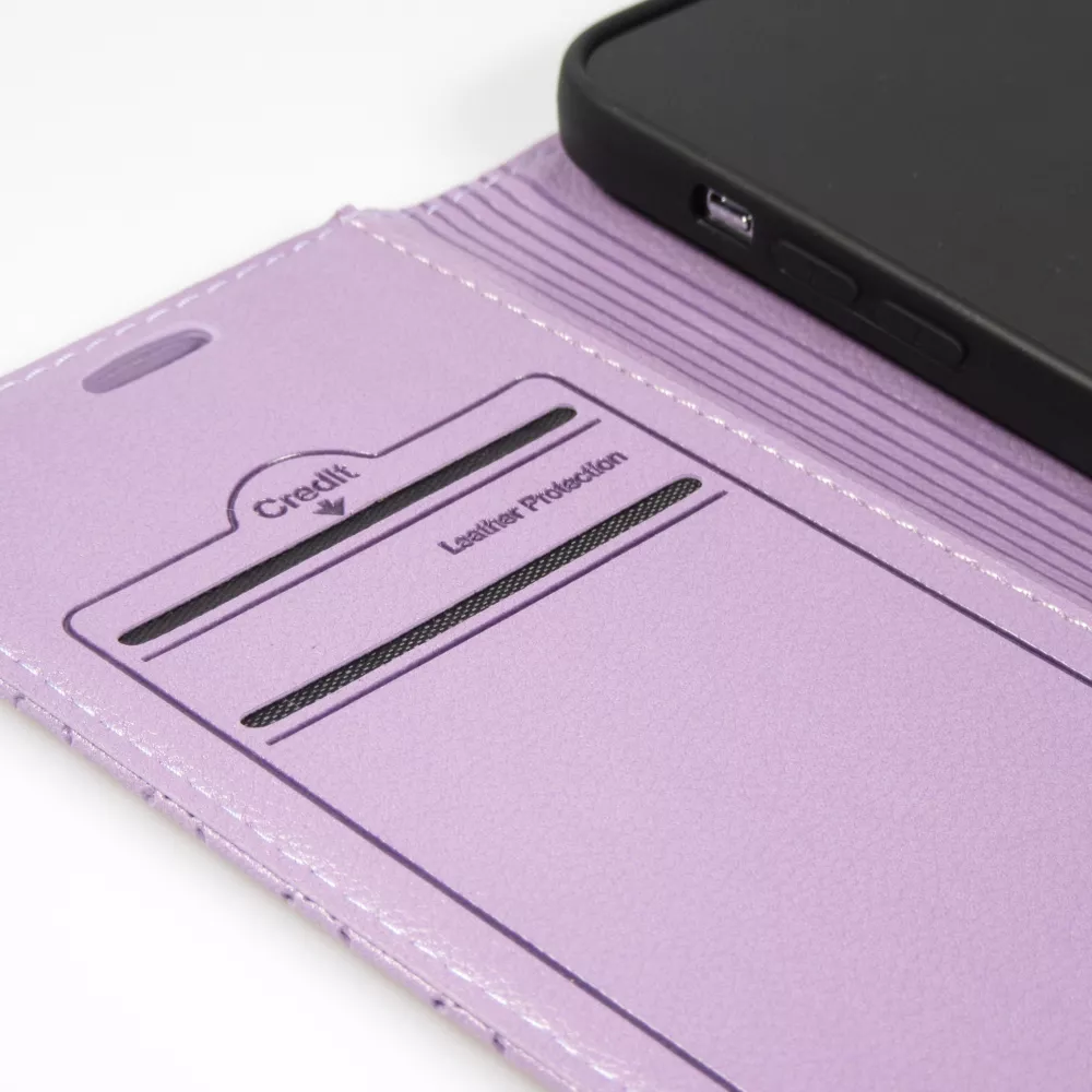 iPhone 14 Leder Tasche - Flip Wallet prestige Design - Violett