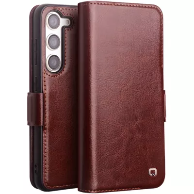 Fourre Samsung Galaxy S23+ - Flip Qialino cuir véritable avec fermeture magnétique - Brun foncé