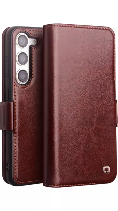 Fourre Samsung Galaxy S25 - Flip Qialino cuir véritable avec fermeture magnétique - Brun foncé