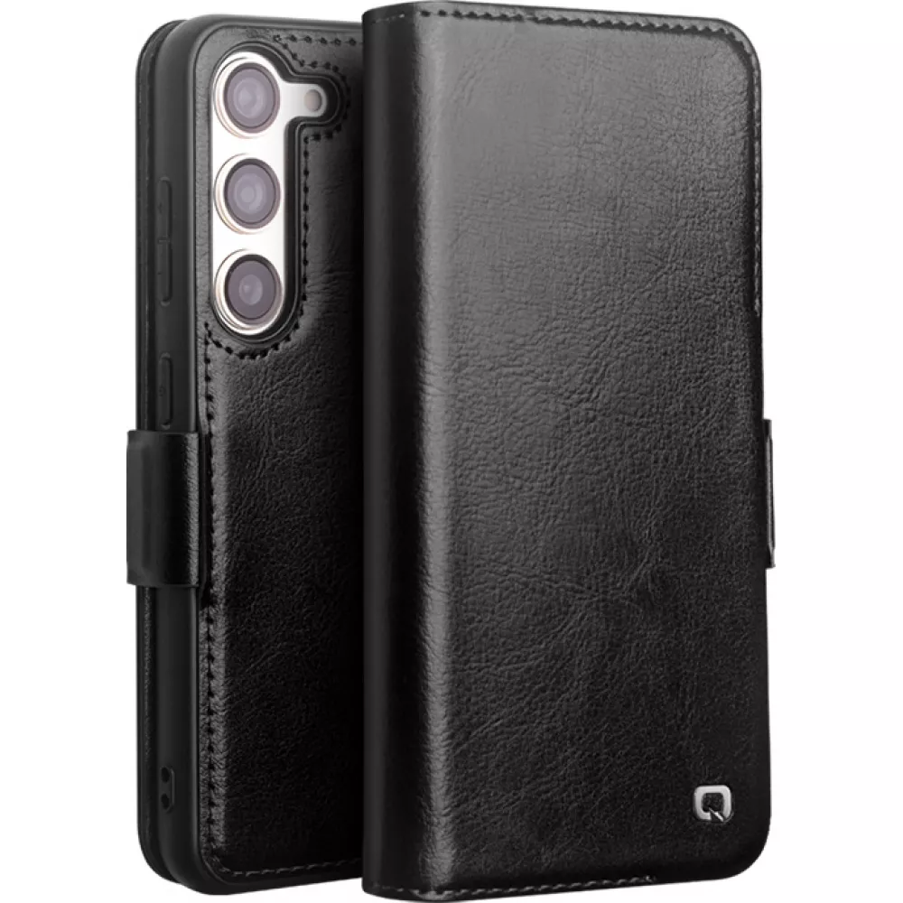 Fourre Samsung Galaxy S25 - Flip Qialino cuir véritable avec fermeture magnétique - Noir