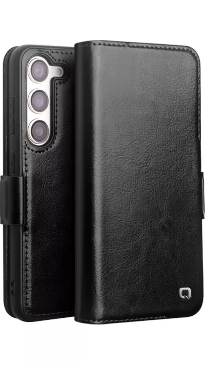 Fourre Samsung Galaxy S25 - Flip Qialino cuir véritable avec fermeture magnétique - Noir