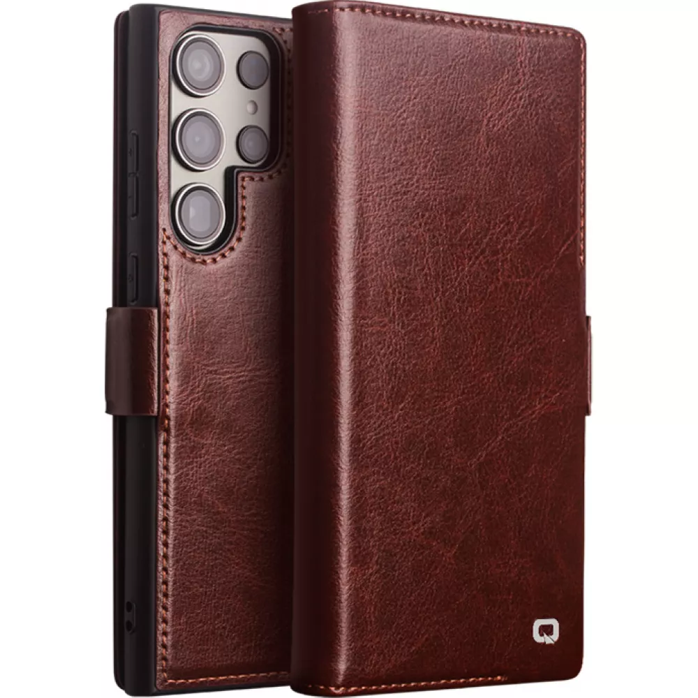 Fourre Samsung Galaxy S25 Ultra - Flip Qialino cuir véritable avec fermeture magnétique - Brun foncé