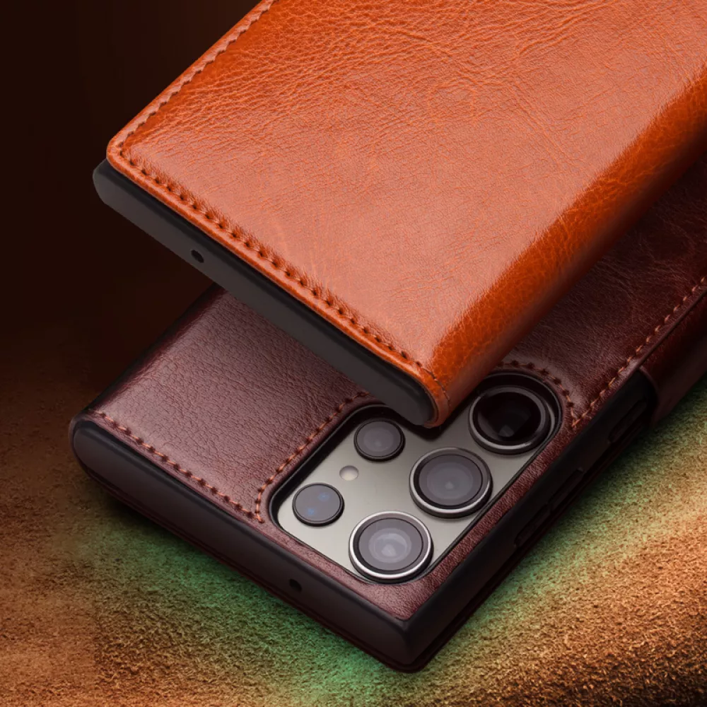 Fourre Samsung Galaxy S25 Ultra - Flip Qialino cuir véritable avec fermeture magnétique - Brun foncé