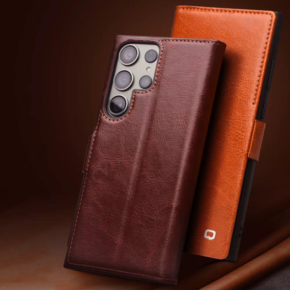 Fourre Samsung Galaxy S25 Ultra - Flip Qialino cuir véritable avec fermeture magnétique - Brun foncé