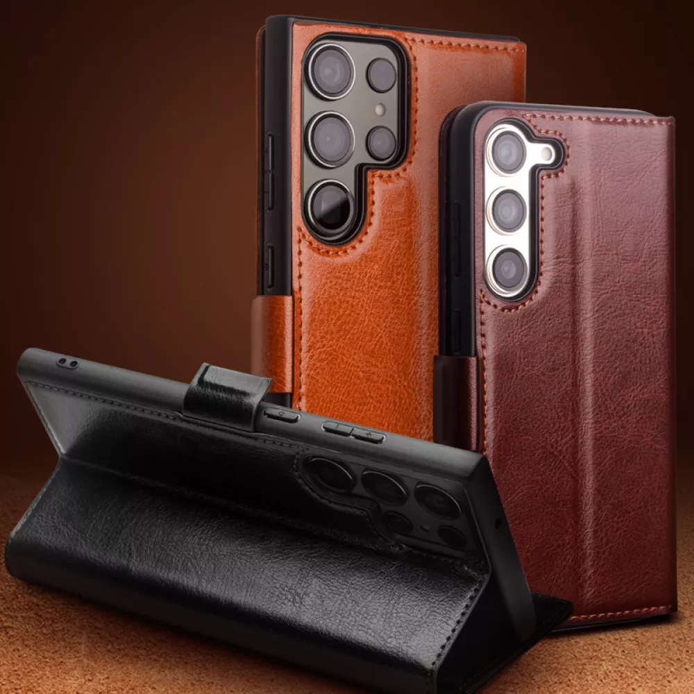 Fourre Samsung Galaxy S25 Ultra - Flip Qialino cuir véritable avec fermeture magnétique - Brun foncé