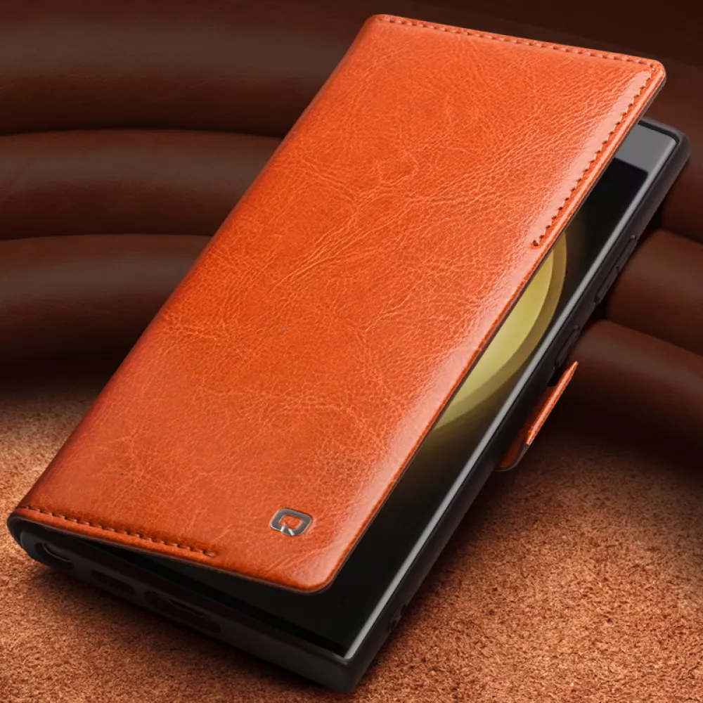 Fourre Samsung Galaxy S25 Ultra - Flip Qialino cuir véritable avec fermeture magnétique - Brun foncé