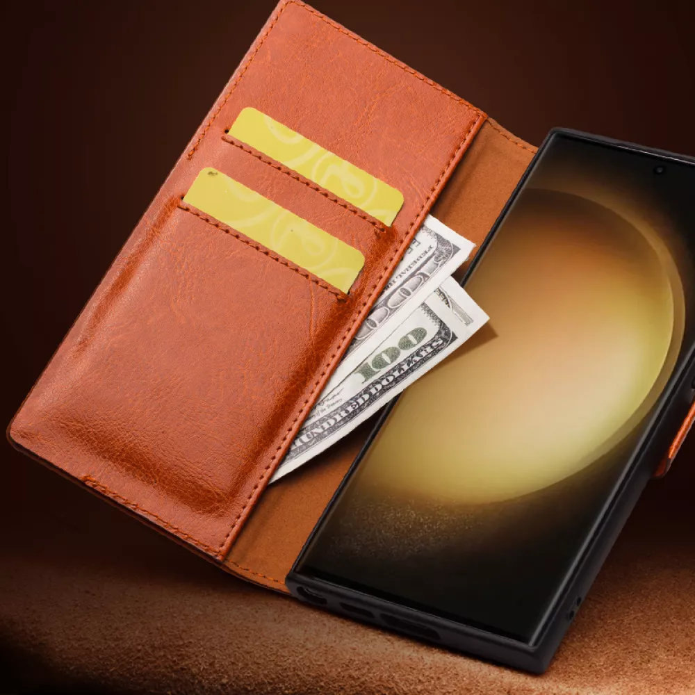 Fourre Samsung Galaxy S25 Ultra - Flip Qialino cuir véritable avec fermeture magnétique - Brun foncé