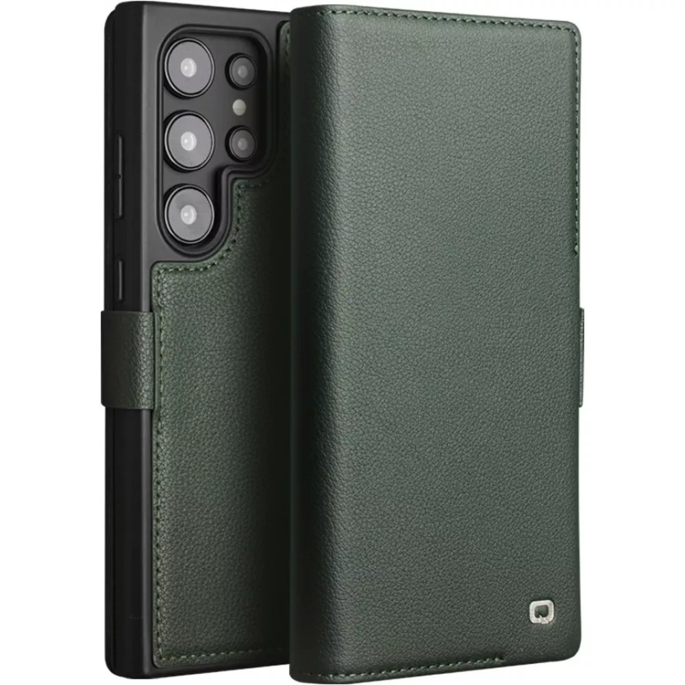 Samsung Galaxy S25 Ultra Case Hülle - Flip Qialino Echtleder matt mit magnetischem Verschluss - Mattgrün