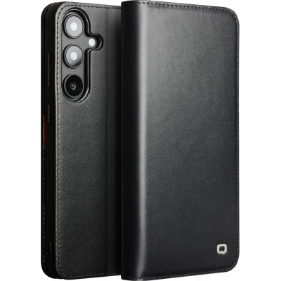 Fourre Samsung Galaxy S25+ - Flip Qialino Matt Wallet cuir véritable - Noir