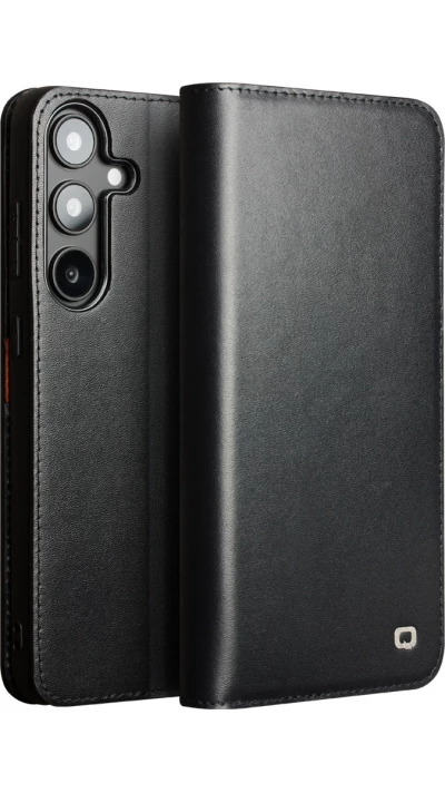 Fourre Samsung Galaxy S25 - Flip Qialino Matt Wallet cuir véritable - Noir