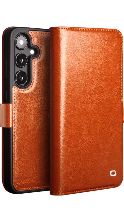 Fourre Samsung Galaxy S25 - Flip Qialino cuir véritable avec fermeture magnétique - Brun clair