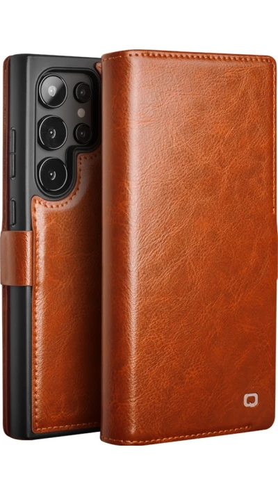Fourre Samsung Galaxy S25 Ultra - Flip Qialino cuir véritable avec fermeture magnétique - Brun clair