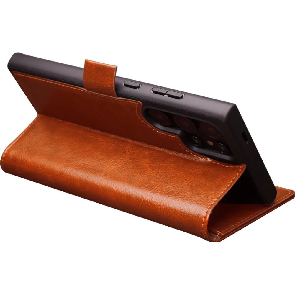 Fourre Samsung Galaxy S25 Ultra - Flip Qialino cuir véritable avec fermeture magnétique - Brun clair