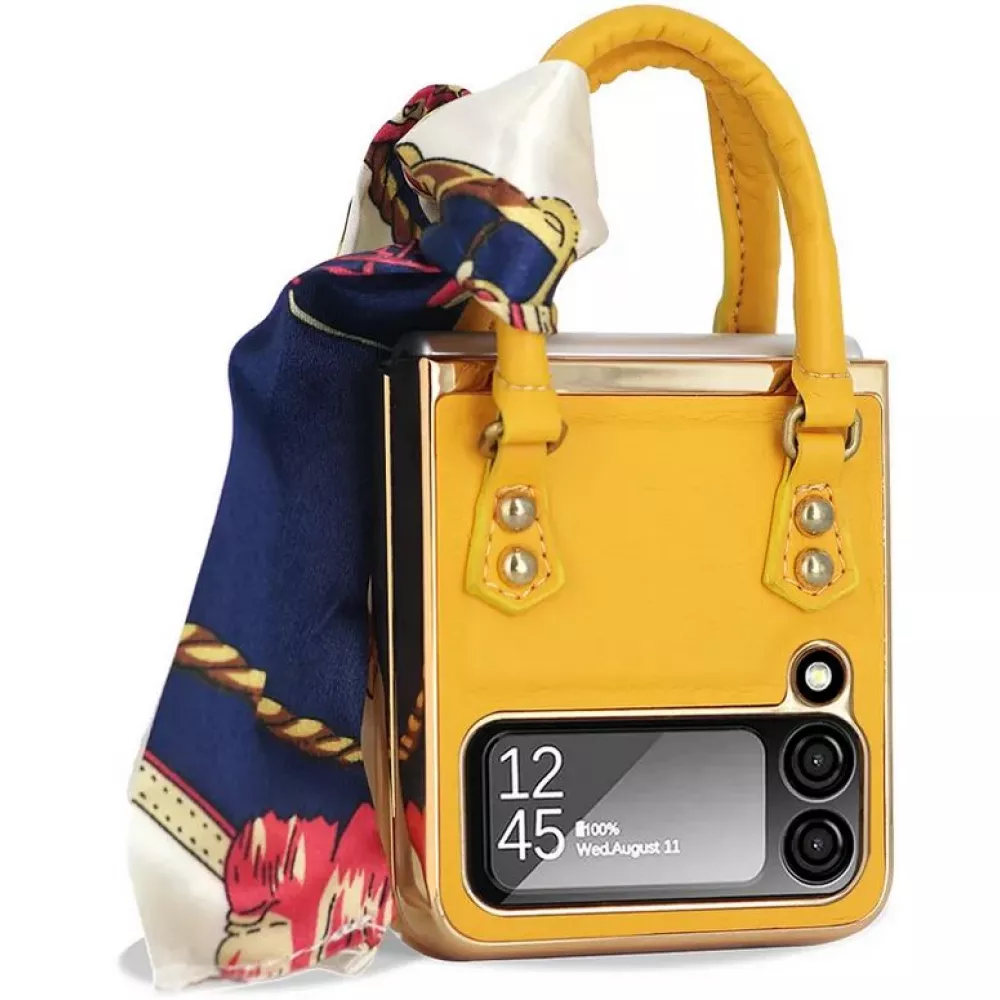 Galaxy Z Flip4 Case Hülle - Fashion Designer Schutzhülle Kunstleder in Handtaschenform - Gelb