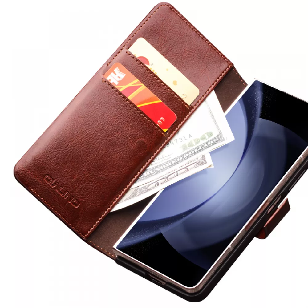 Samsung Galaxy Z Fold5 Case Hülle - Flip Qialino Echtleder mit magnetischem Verschluss - Dunkelbraun