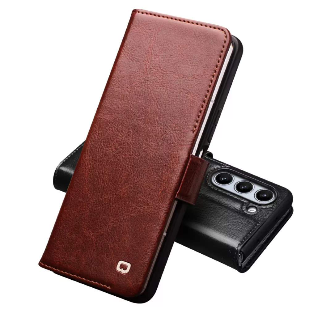 Samsung Galaxy Z Fold5 Case Hülle - Flip Qialino Echtleder mit magnetischem Verschluss - Dunkelbraun