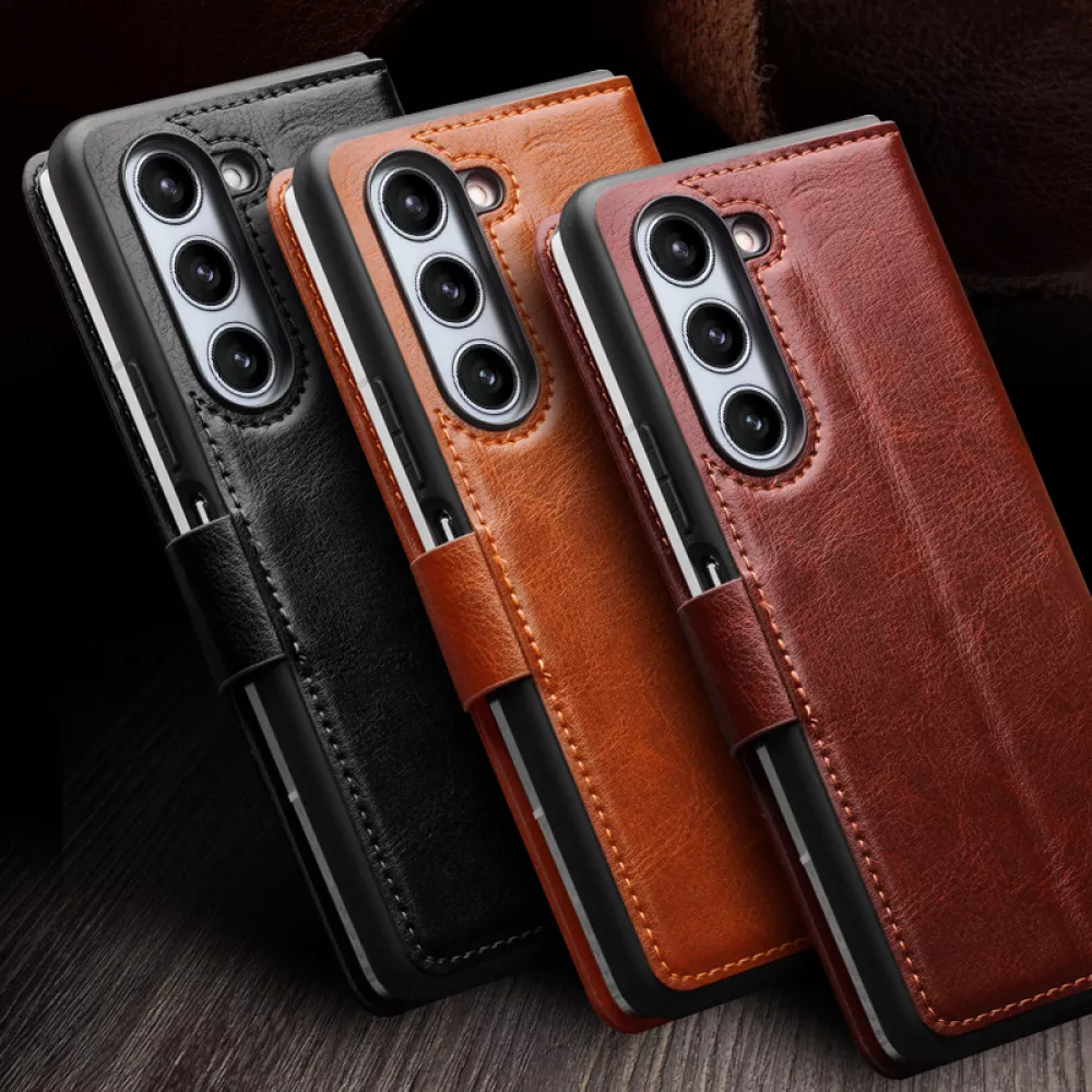 Samsung Galaxy Z Fold5 Case Hülle - Flip Qialino Echtleder mit magnetischem Verschluss - Dunkelbraun