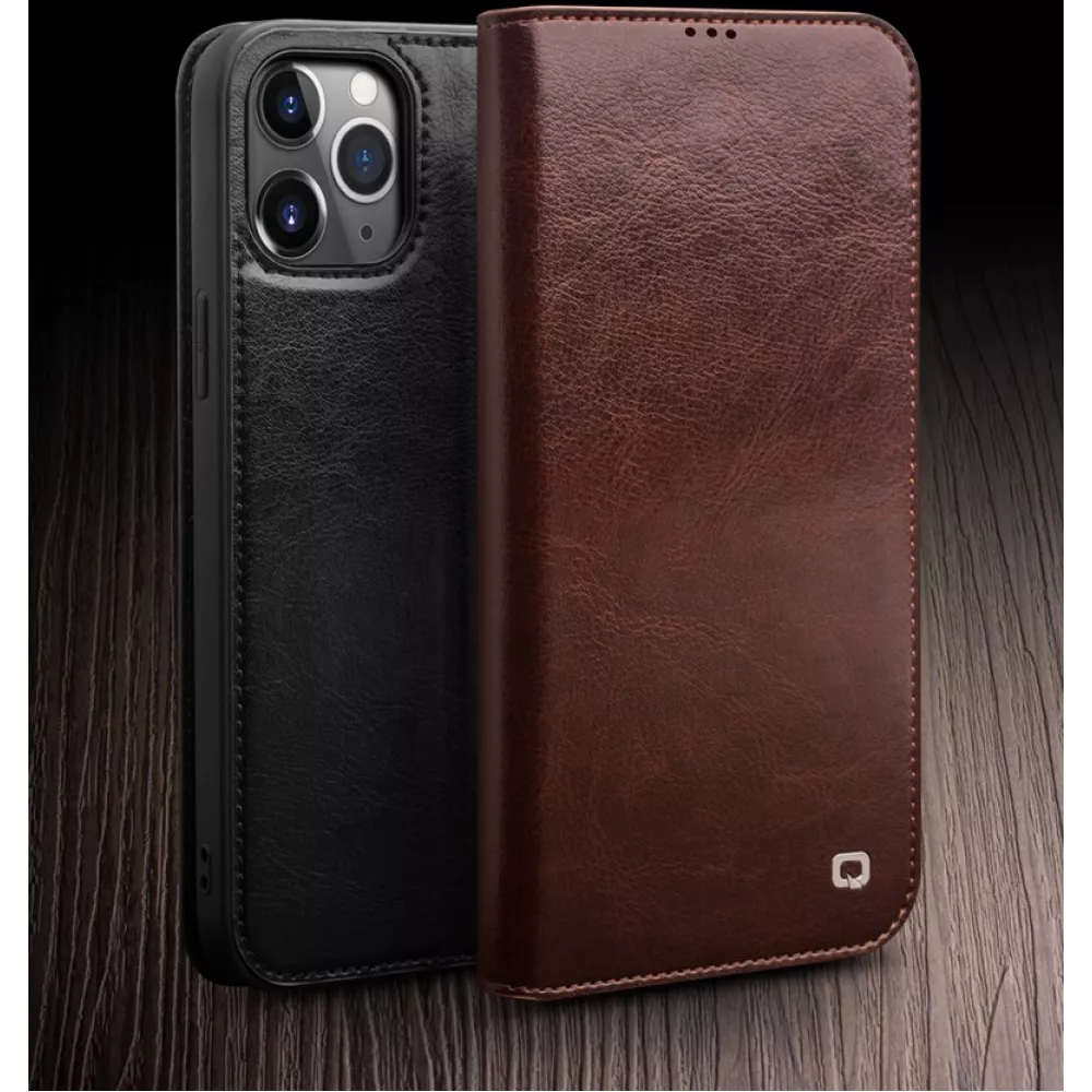 Fourre iPhone 12 / 12 Pro - Flip Qialino cuir véritable - Brun