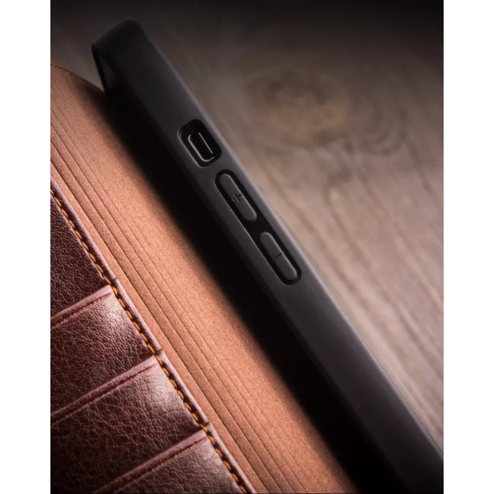 Fourre iPhone 12 / 12 Pro - Flip Qialino cuir véritable - Brun