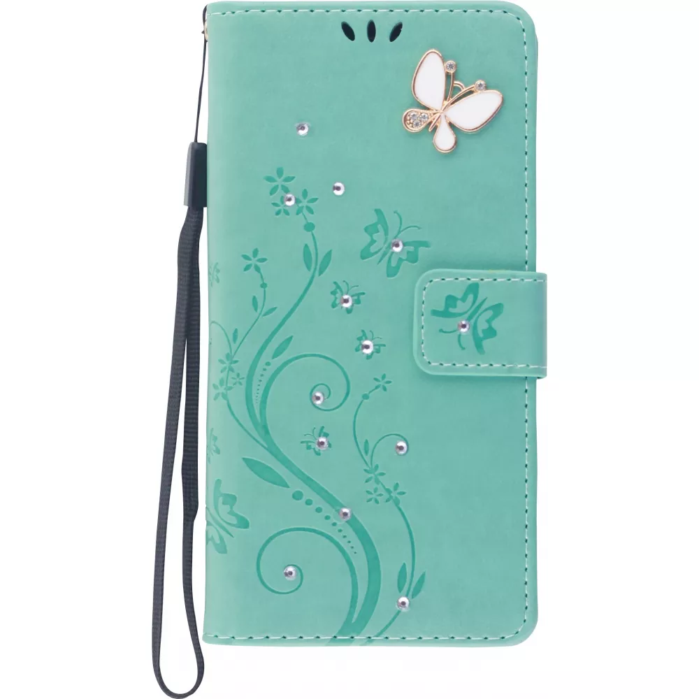Fourre iPhone 12 / 12 Pro - Flip papillon Strass - Turquoise