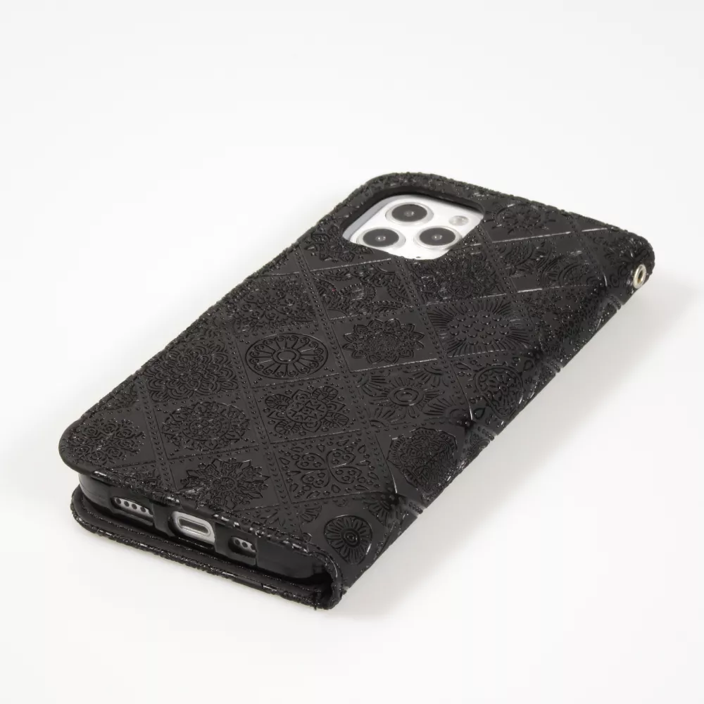 Fourre iPhone 12 / 12 Pro - Premium Flip Wallet caoutchouc motif oriental avec fermeture aimantée - Noir