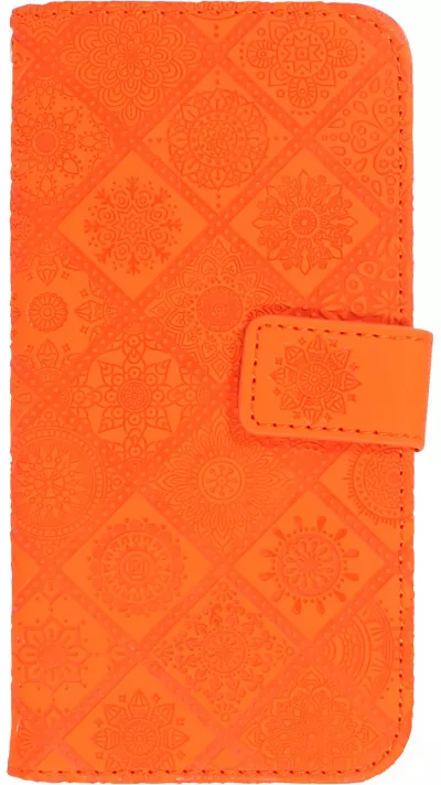 Fourre iPhone 12 / 12 Pro - Premium Flip Wallet caoutchouc motif oriental avec fermeture aimantée - Orange