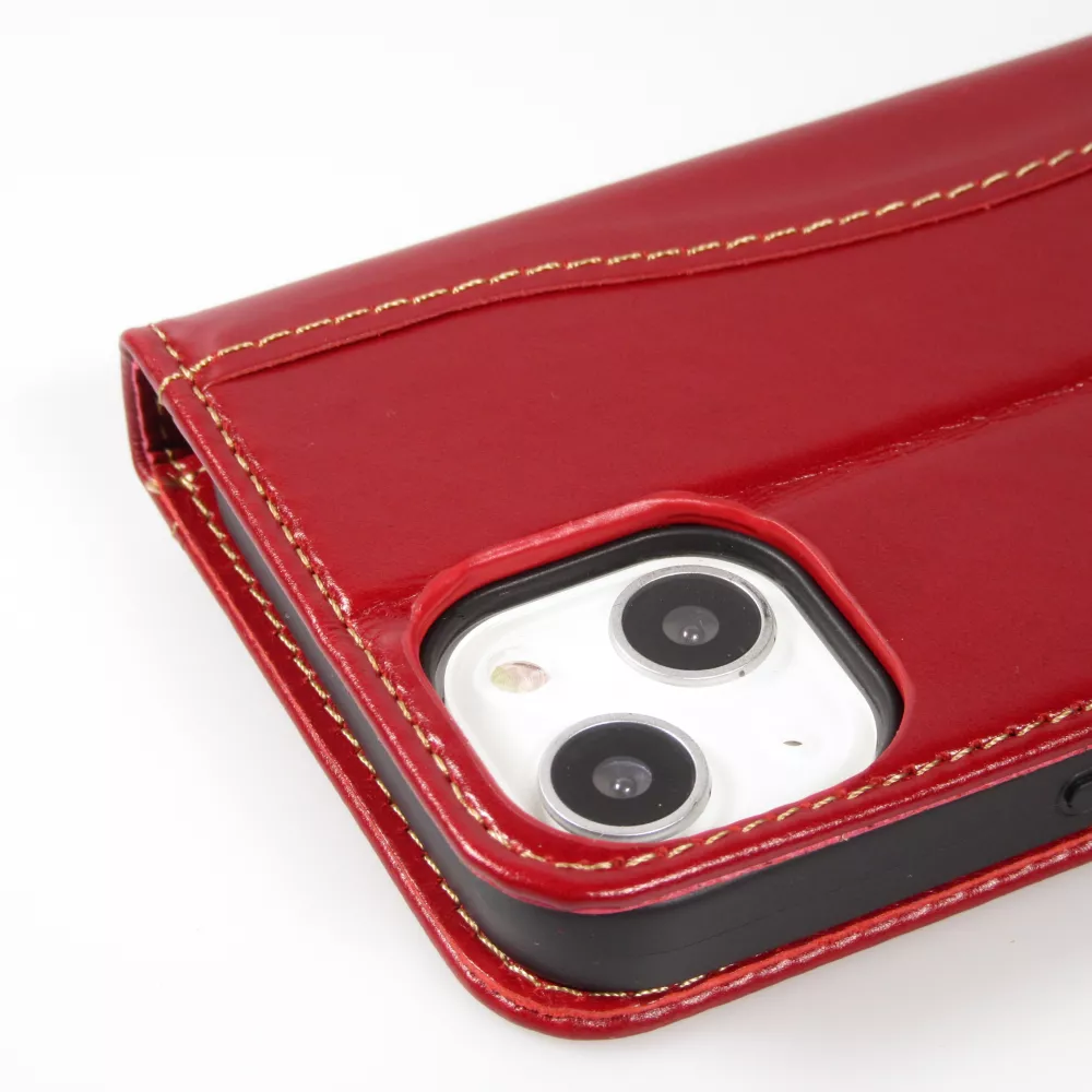 Fourre iPhone 15 - Flip Fierre Shann cuir véritable - Rouge