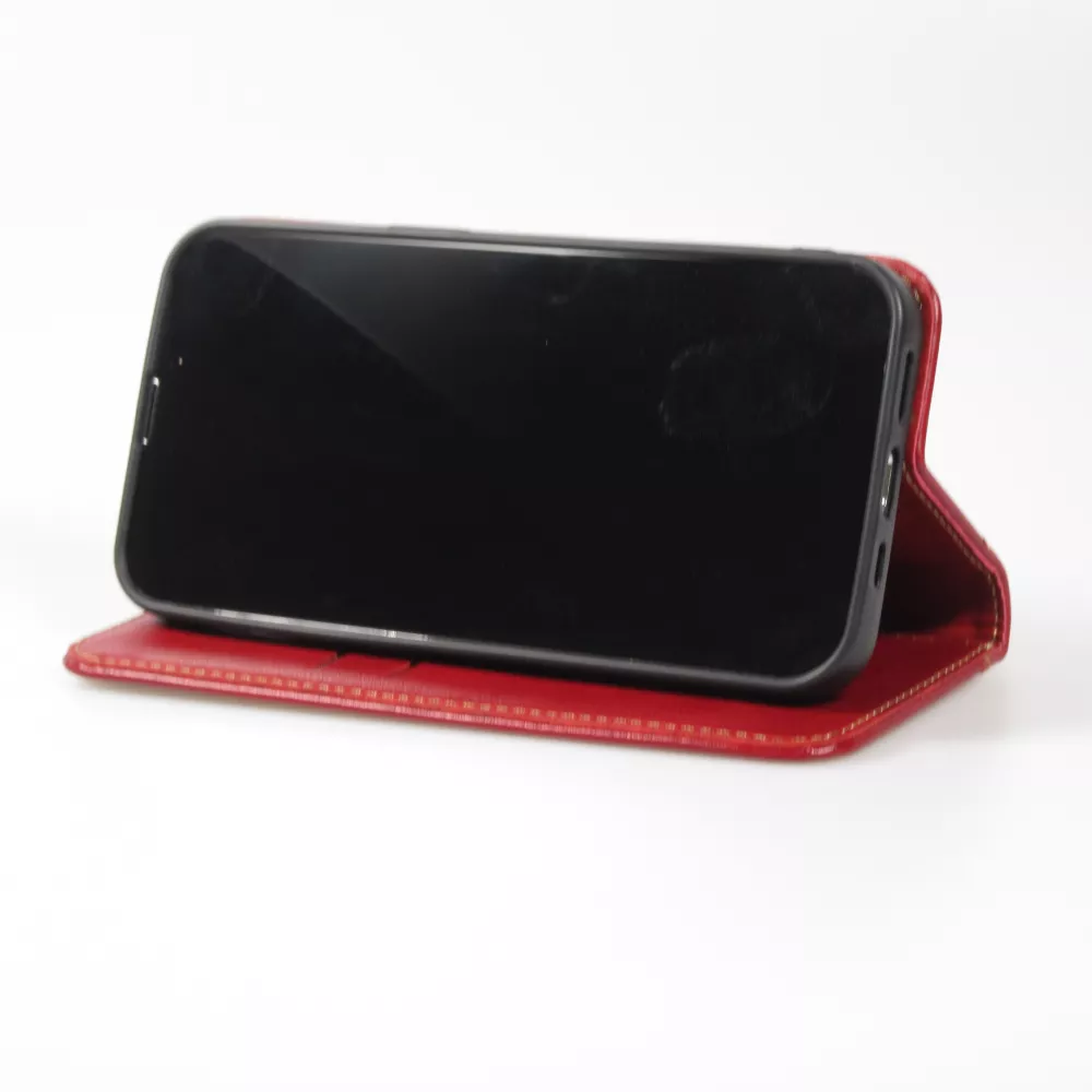 Fourre iPhone 15 - Flip Fierre Shann cuir véritable - Rouge