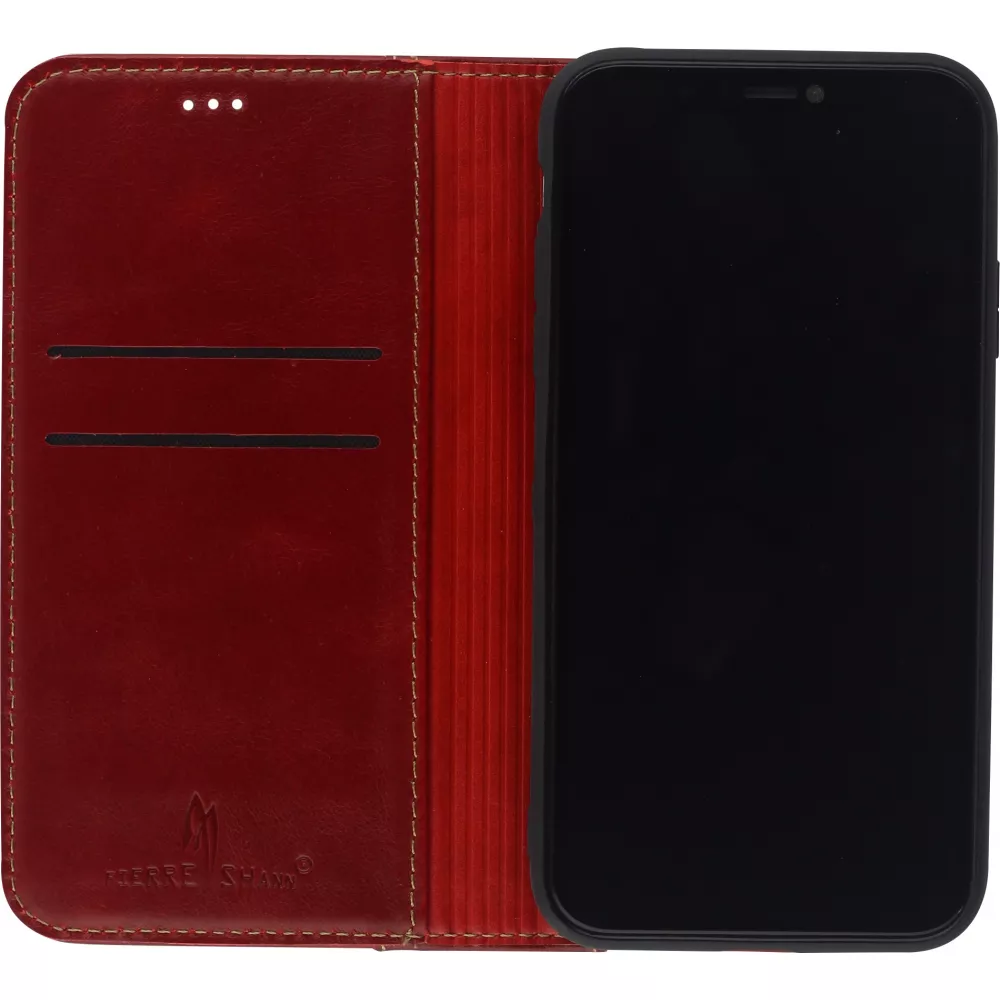 Fourre iPhone 15 - Flip Fierre Shann cuir véritable - Rouge