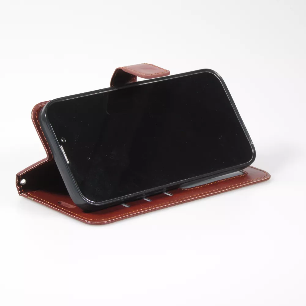 Fourre iPhone 15 - Premium Flip cuir lisse porte-cartes - Brun