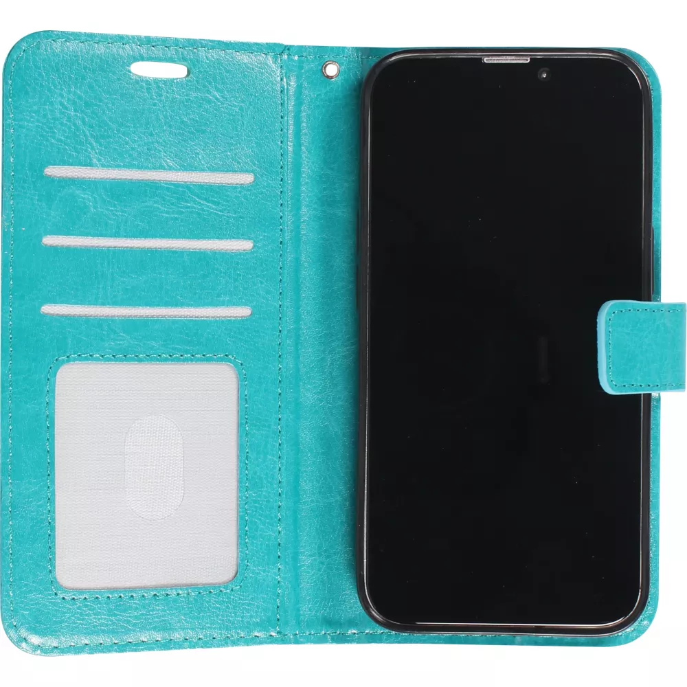 Fourre iPhone 15 - Premium Flip cuir lisse porte-cartes - Turquoise