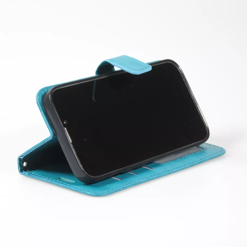 Fourre iPhone 15 - Premium Flip cuir lisse porte-cartes - Turquoise