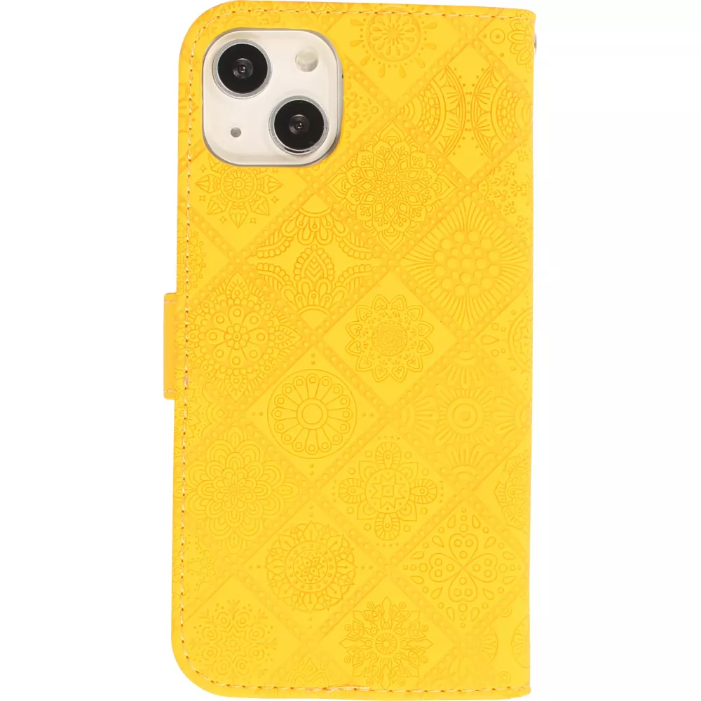 iPhone 13 Case Hülle - Premium Flip Wallet Kautschuk oriental Muster mit Magnetverschluss - Gelb