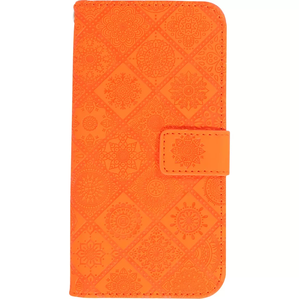Fourre iPhone 13 - Premium Flip Wallet caoutchouc motif oriental avec fermeture aimantée - Orange