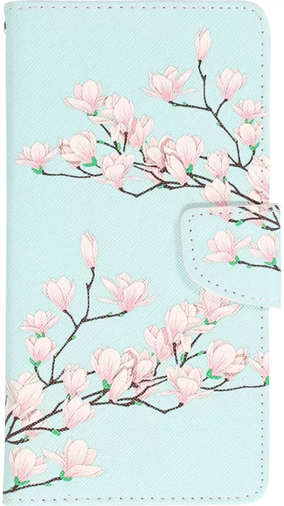 iPhone 13 Case Hülle - Premium Wallet Flip-Magnetverschluss und Kartenfach - Sakura Baum - Hellblau