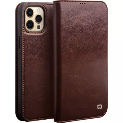 Fourre iPhone 14 Pro Max - Flip Qialino cuir véritable - Brun