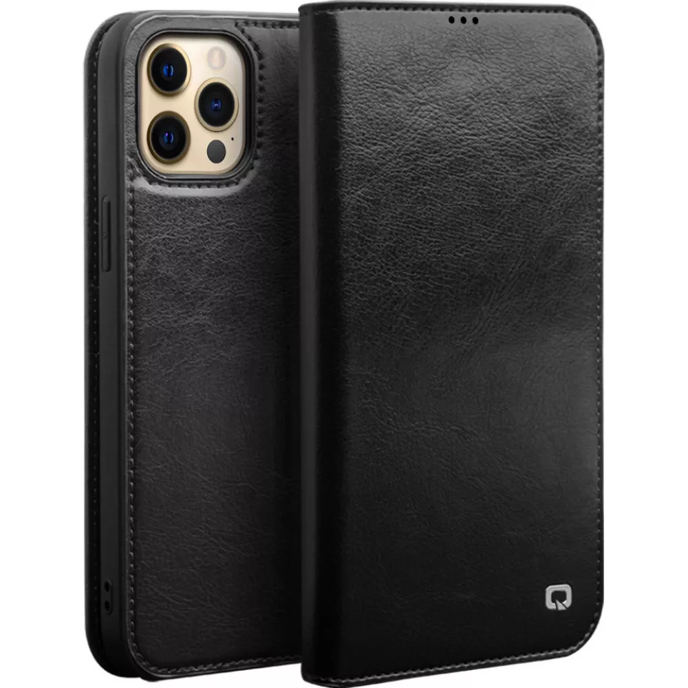 Fourre iPhone 14 Pro - Flip Qialino cuir véritable - Noir