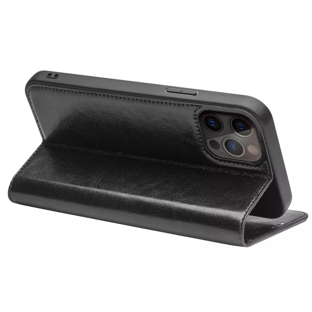 Fourre iPhone 14 Pro - Flip Qialino cuir véritable - Noir