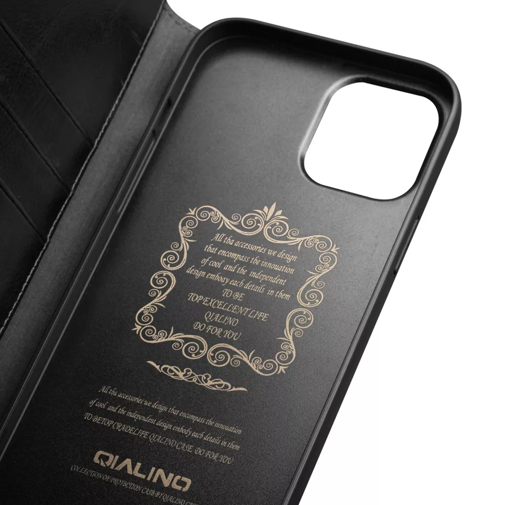 Fourre iPhone 14 Pro - Flip Qialino cuir véritable - Noir