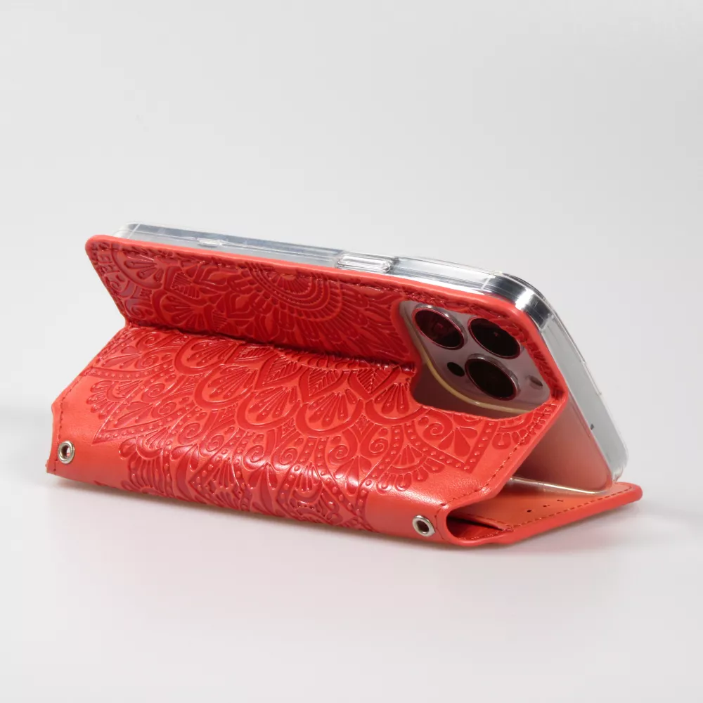Fourre iPhone 13 Pro Max - Flip Wallet fashion mandala design artistique - Rouge