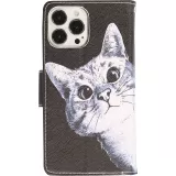 Fourre iPhone 12 / 12 Pro - Premium Wallet flip fermeture magnétique et porte-carte - Cat Looking at you - Noir