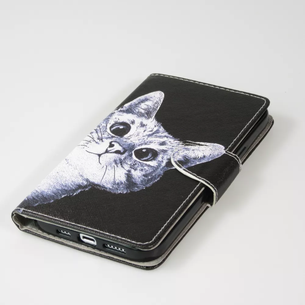 Fourre iPhone 12 / 12 Pro - Premium Wallet flip fermeture magnétique et porte-carte - Cat Looking at you - Noir