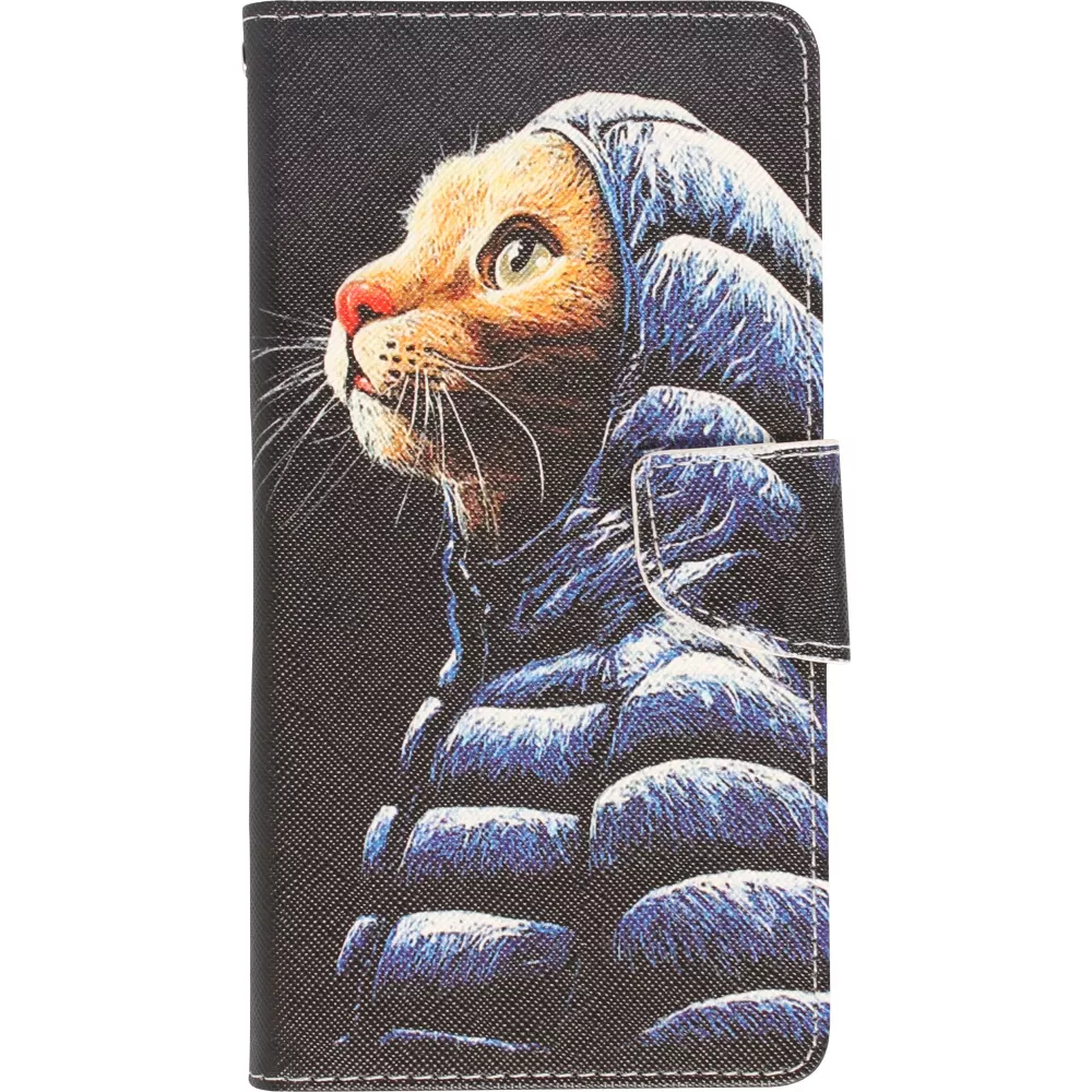 Fourre iPhone 13 Pro Max - Premium Wallet flip fermeture magnétique et porte-carte - Chat en doudoune - Noir