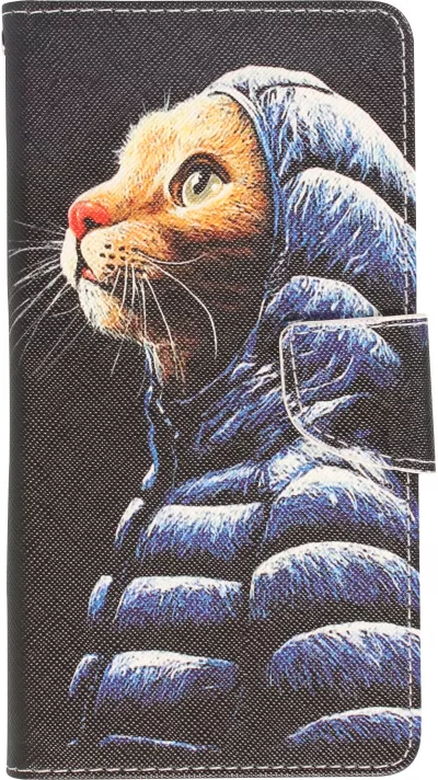 Fourre iPhone 13 Pro Max - Premium Wallet flip fermeture magnétique et porte-carte - Chat en doudoune - Noir