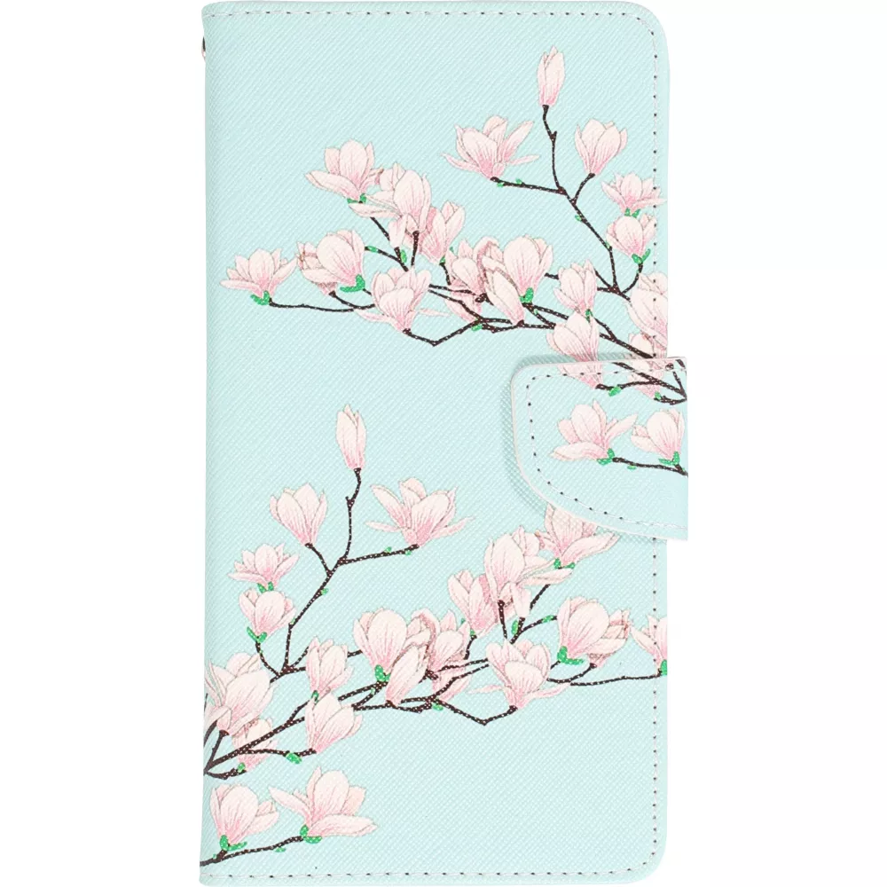 Fourre iPhone 12 / 12 Pro - Premium Wallet flip fermeture magnétique et porte-carte - Fleures Sakura - Bleu clair