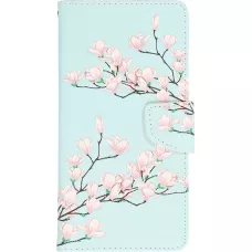 Fourre iPhone 12 / 12 Pro - Premium Wallet flip fermeture magnétique et porte-carte - Fleures Sakura - Bleu clair