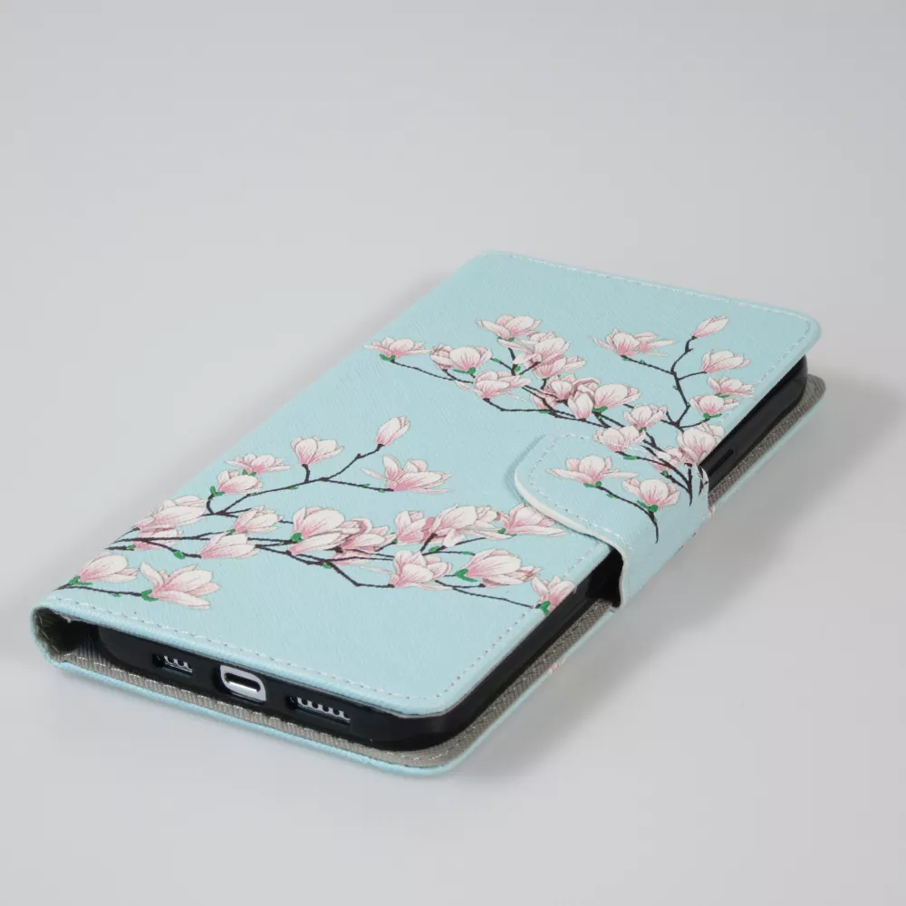 Fourre iPhone 12 / 12 Pro - Premium Wallet flip fermeture magnétique et porte-carte - Fleures Sakura - Bleu clair
