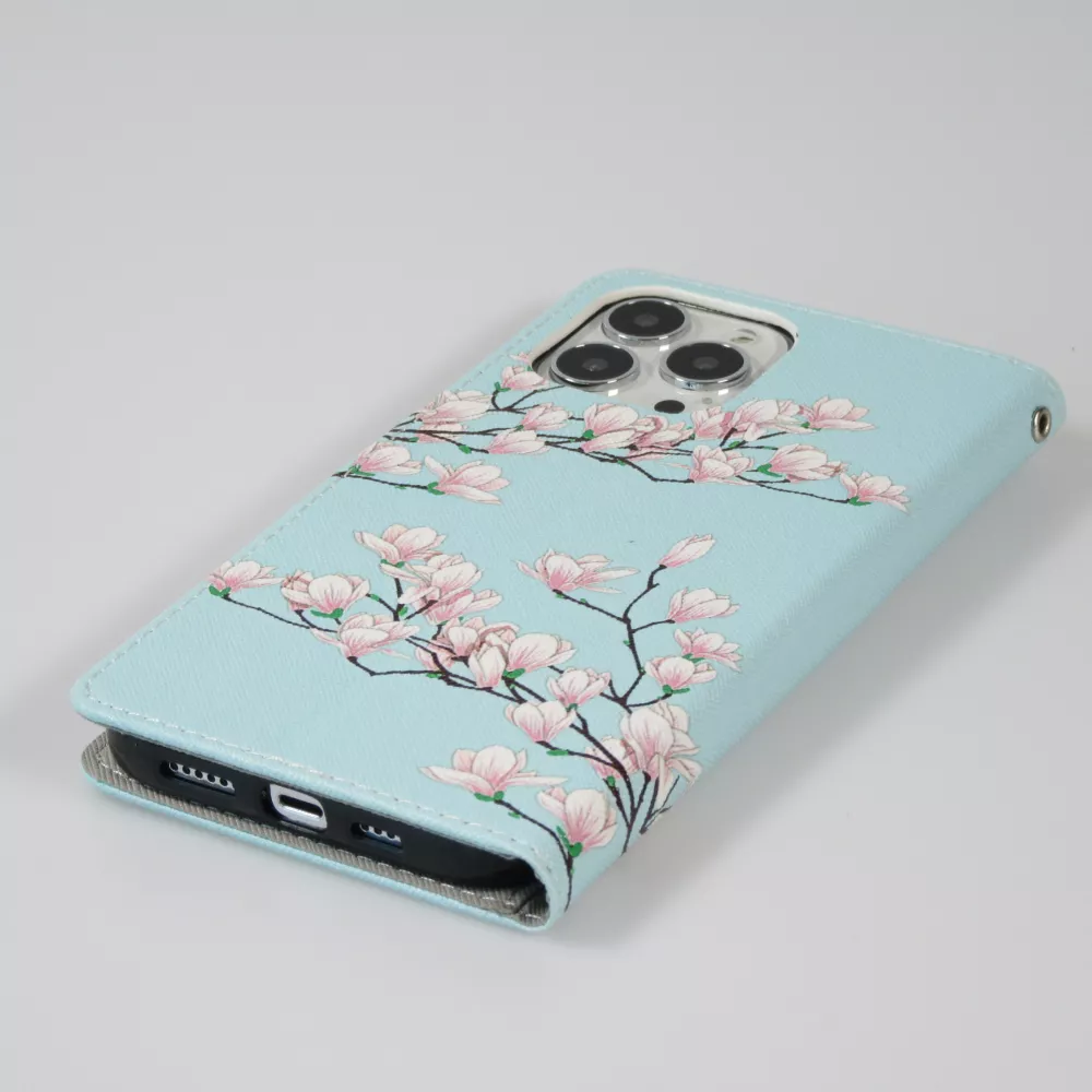 Fourre iPhone 12 / 12 Pro - Premium Wallet flip fermeture magnétique et porte-carte - Fleures Sakura - Bleu clair