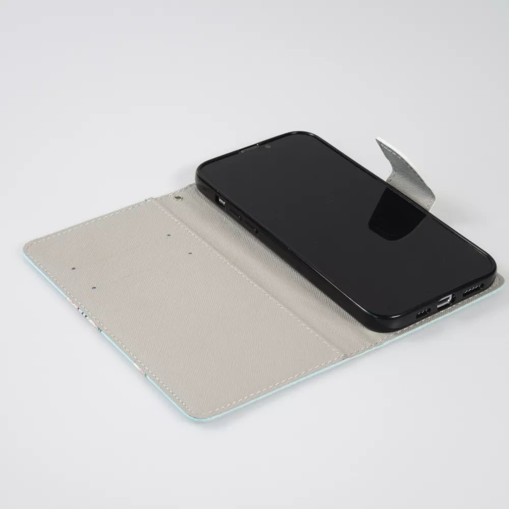 Fourre iPhone 12 / 12 Pro - Premium Wallet flip fermeture magnétique et porte-carte - Fleures Sakura - Bleu clair