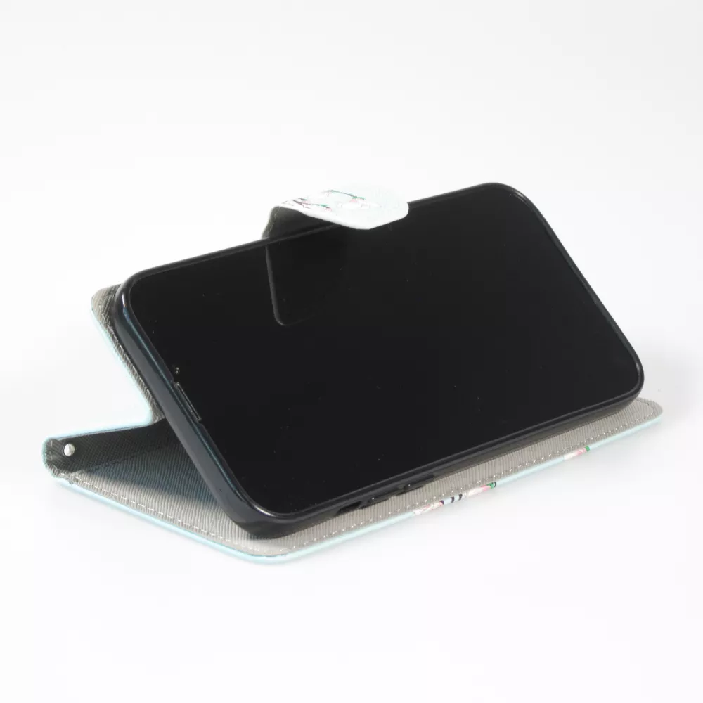 Fourre iPhone 12 / 12 Pro - Premium Wallet flip fermeture magnétique et porte-carte - Fleures Sakura - Bleu clair